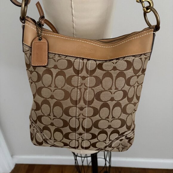 Vintage Coach Signature Duffle Bag 10403 Khaki Signature Logo Brown Leather Trim - Picture 3 of 15